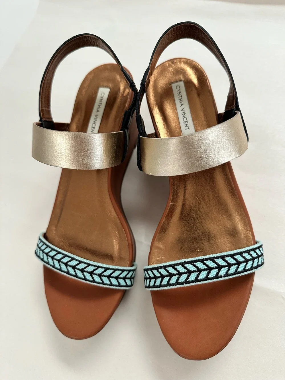 Cynthia Steffe Two-Tone Leather Slingback Platform Wedge Sandals Brown/Gold